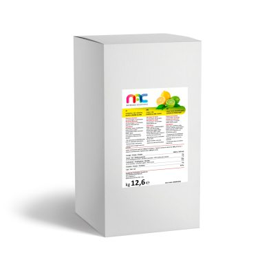 Weißer Karton mit buntem Etikett und Inhaltsstoffen für ein Lebensmittelprodukt.