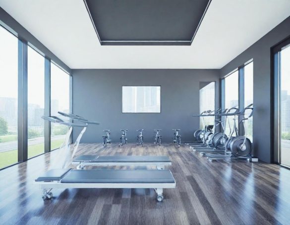 Moderne Fitnessstudio-Umgebung mit Laufband und Fahrrädern in hellen, geräumigen Räumen.