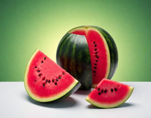 Eine aufgeschnittene Wassermelone mit grüner Schale und pinkem Fruchtfleisch.