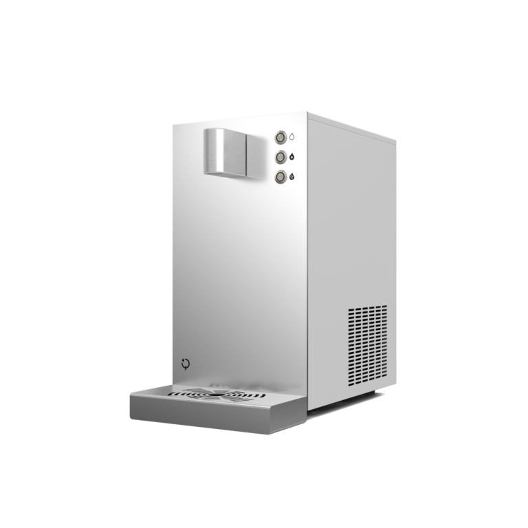 Weißer Wasserspender mit glatter Oberfläche und Bedienelementen