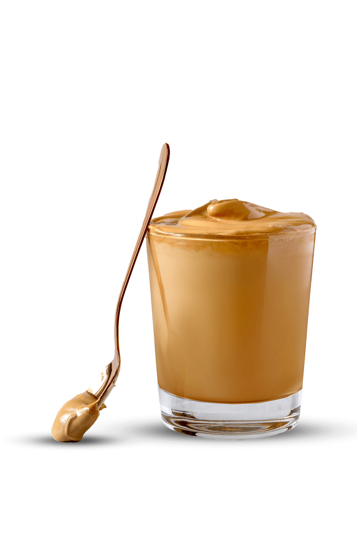 Creamy Coffee Karamellcreme in einem Glas mit einem Löffel aus Holz daneben.