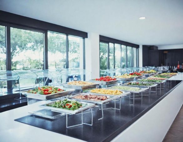 Buffet mit frischen Salaten und Beilagen in modernem, hellen Raum.