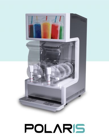 Slush-Eismaschine mit bunten Getränken und klaren Behältern, Marke Polaris.