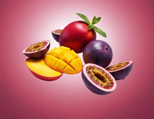 Tropische Früchte: Mango, Passionsfrucht und eine lila Frucht auf pinkem Hintergrund.