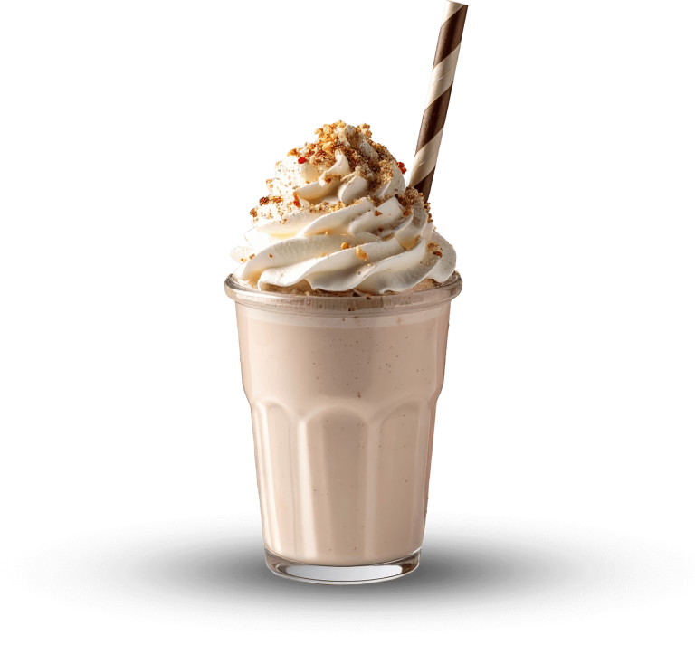 Milchshake in einem Becher mit Sahne und Karamellstreuseln, dekoriert mit einem Strohhalm.