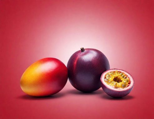 Mango, Pflaume und Passionsfrucht auf rotem Hintergrund.