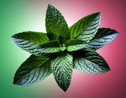 Grüne Minzblätter mit einer hellen, mehrfarbigen Hintergrundgestaltung.