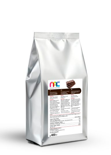 Silberne Verpackung mit Produktinformation und Nährwertangaben auf dem Etikett.