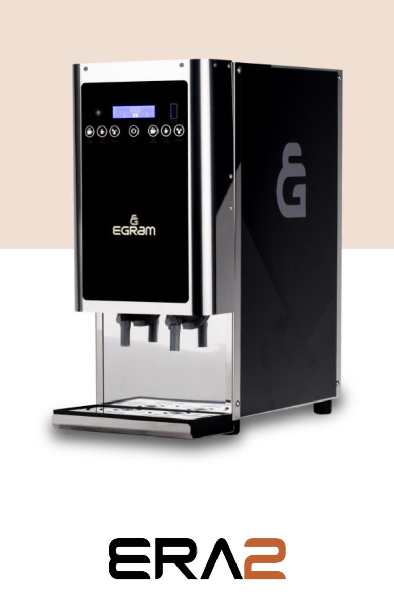 Schwarzer Wasserspender mit Bildschirm und zwei Auslässen. Modell ERA2.