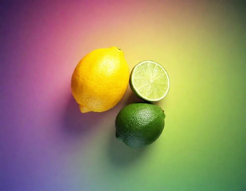 Eine gelbe Zitrone und eine grüne Limette auf einem bunten Hintergrund.