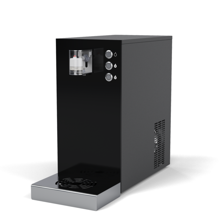 Schwarzer Wasserspender mit Bildschirm und zwei Auslässen. Modell ERA2.