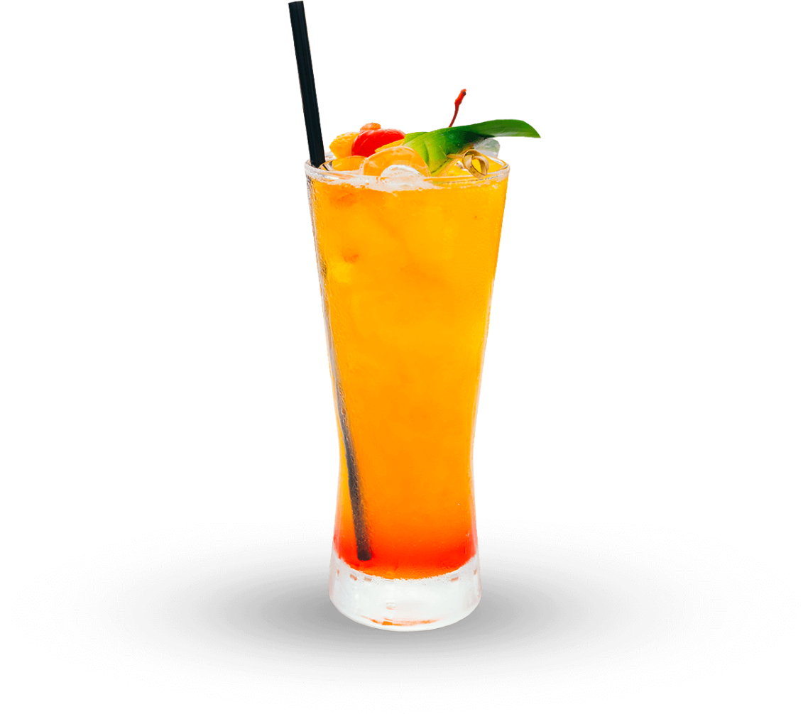 Aromatisierte Getränke Ein erfrischender, mehrfarbiger Cocktail mit Eis, Limettenstück und Kirsche.