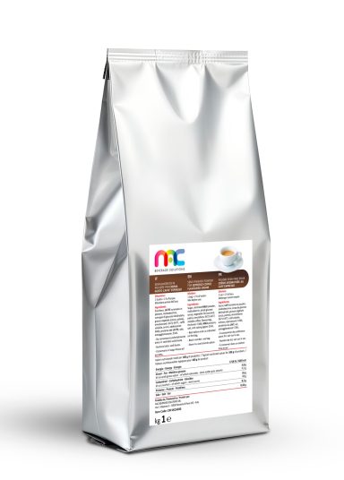 Silberne Verpackung mit buntem Aufkleber und Nährwertangaben für ein Produkt.