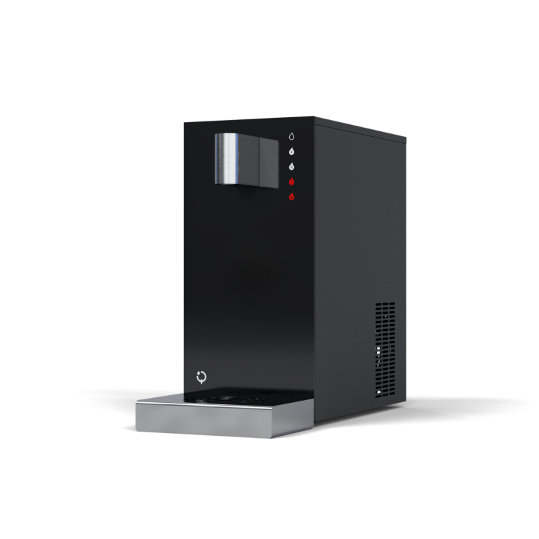 Schwarzer Wasserspender mit Bildschirm und zwei Auslässen. Modell ERA2.