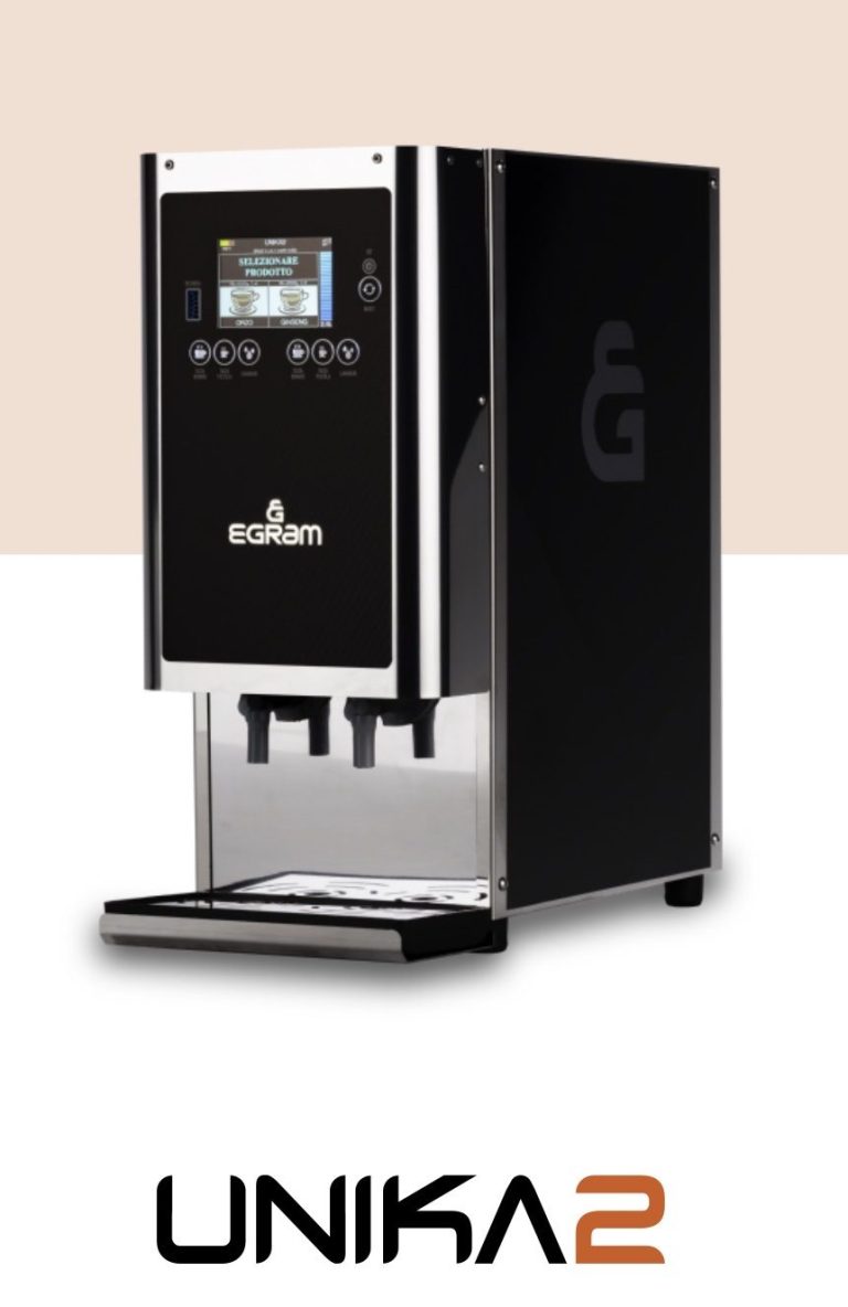 Schwarzer Wasserspender mit Touchscreen, Modell Unika 2, auf hellem Hintergrund.