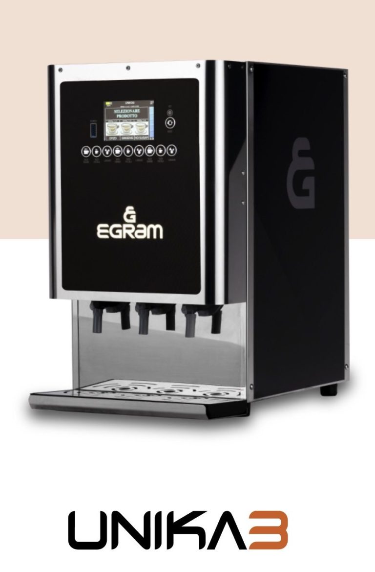 Schwarzer Getränkespender mit Touchscreen und mehreren Ausgaben. Modell: UNIKA3.