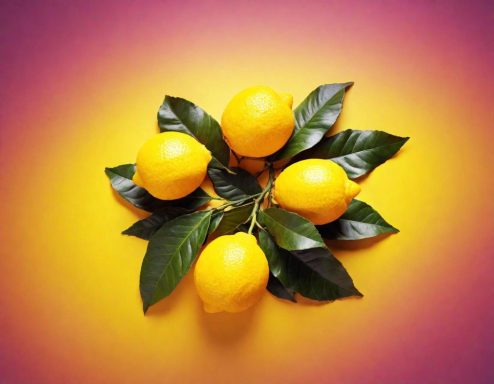 Fünf gelbe Zitronen liegen auf grünen Blättern vor einem lila-gelben Hintergrund.