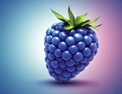 Eine große, glänzende Himbeere mit grünen Blättern auf einem sanften, farbverlaufenden Hintergrund.