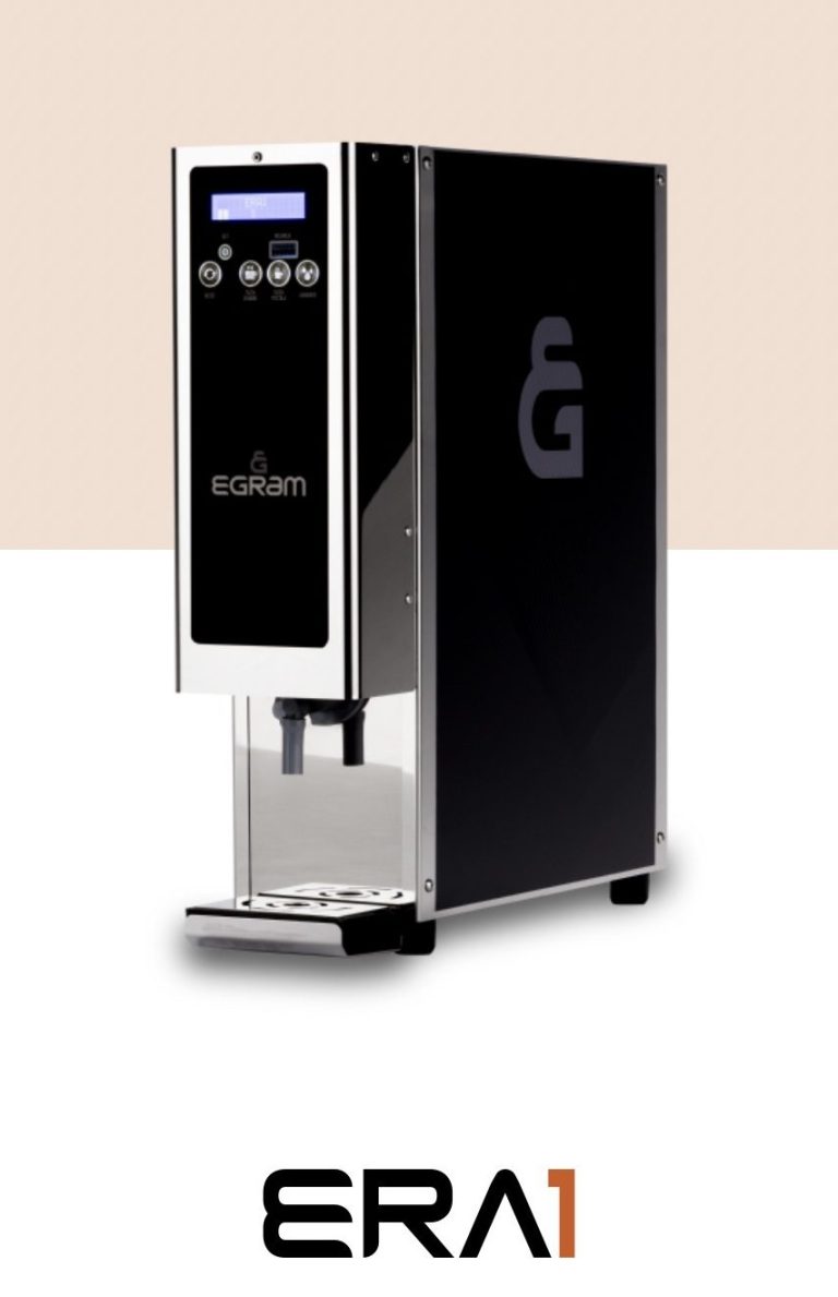 Schwarzer Wasserspender mit digitales Display und Logo, Modell ERA1.