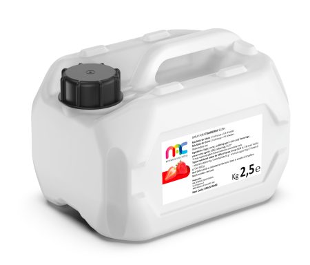 Weiße Kunststoffkanister mit schwarzem Deckel und Aufkleber, 2,5 Liter Inhalt.