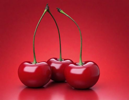 Drei glänzende, rote Kirschen vor einem roten Hintergrund.