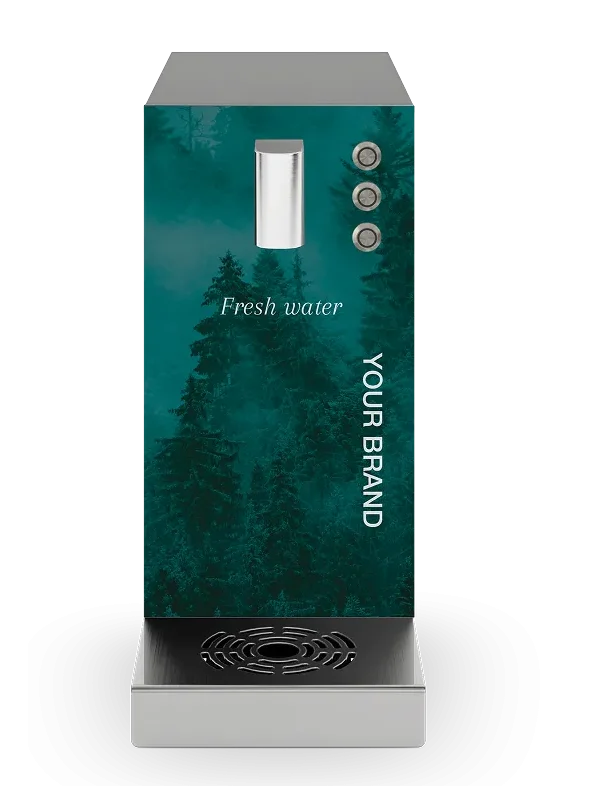 Schwarzer Wasserspender mit Bildschirm und zwei Auslässen. Modell ERA2.