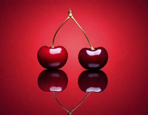 Zwei rote Kirschen mit einem gemeinsamen Stiel vor rotem Hintergrund.